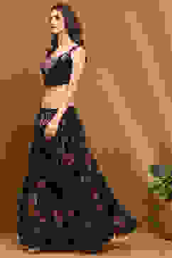 Black Georgette Floral Printed Flared Lehenga Set image number 8