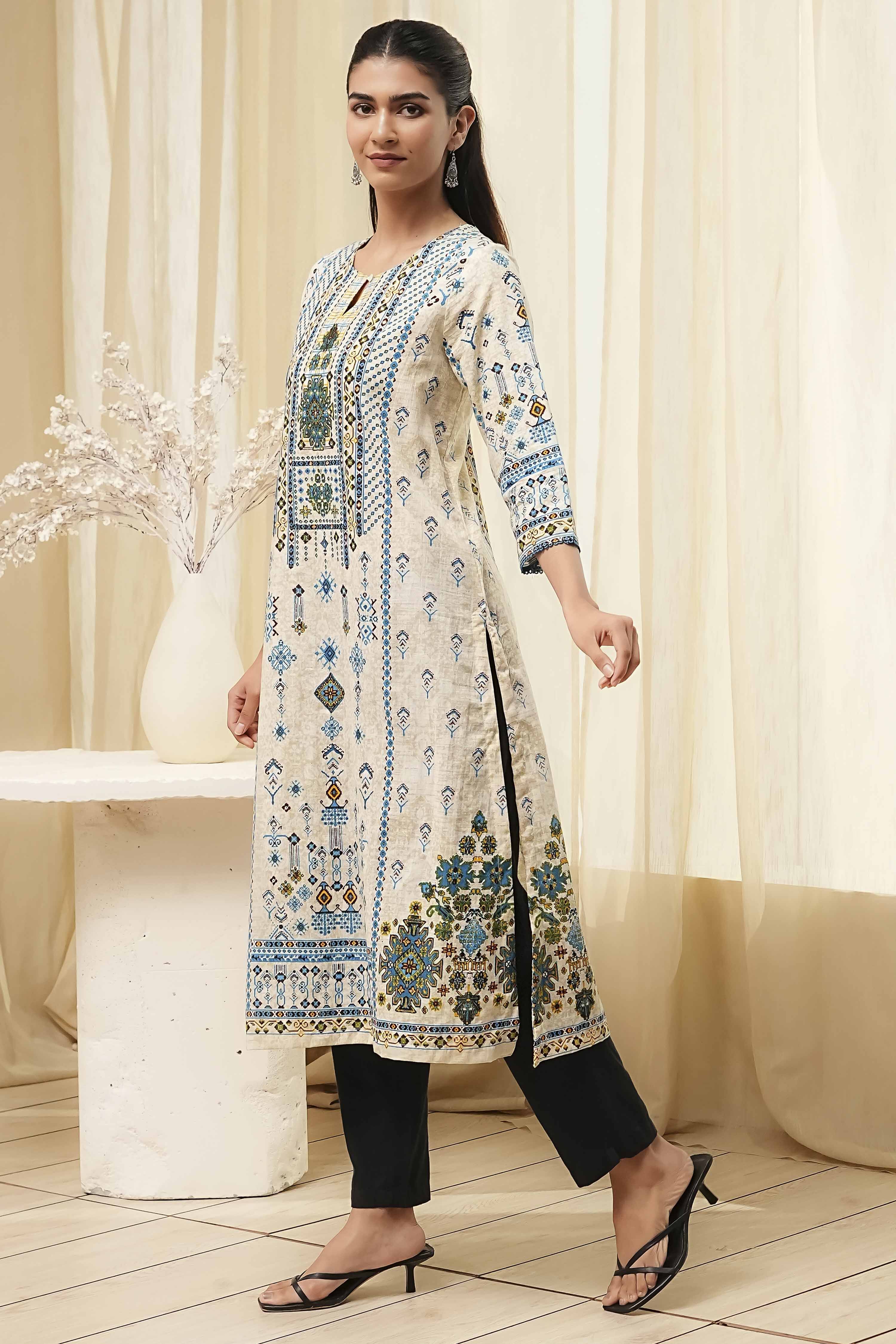 Off-White and Blue Cotton Straight Kurta image number 2