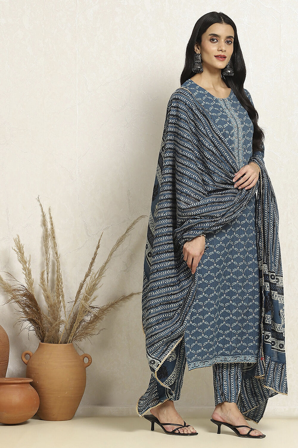 Blue Cotton Printed Unstitched Suit Set image number 6