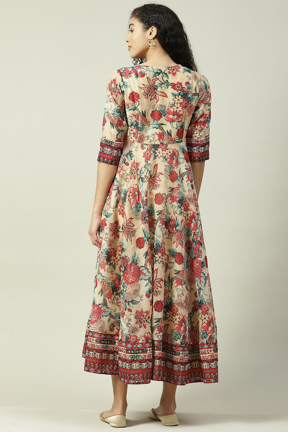 Mustard Poly Cotton Flared Fusion Printed Dress image number 4