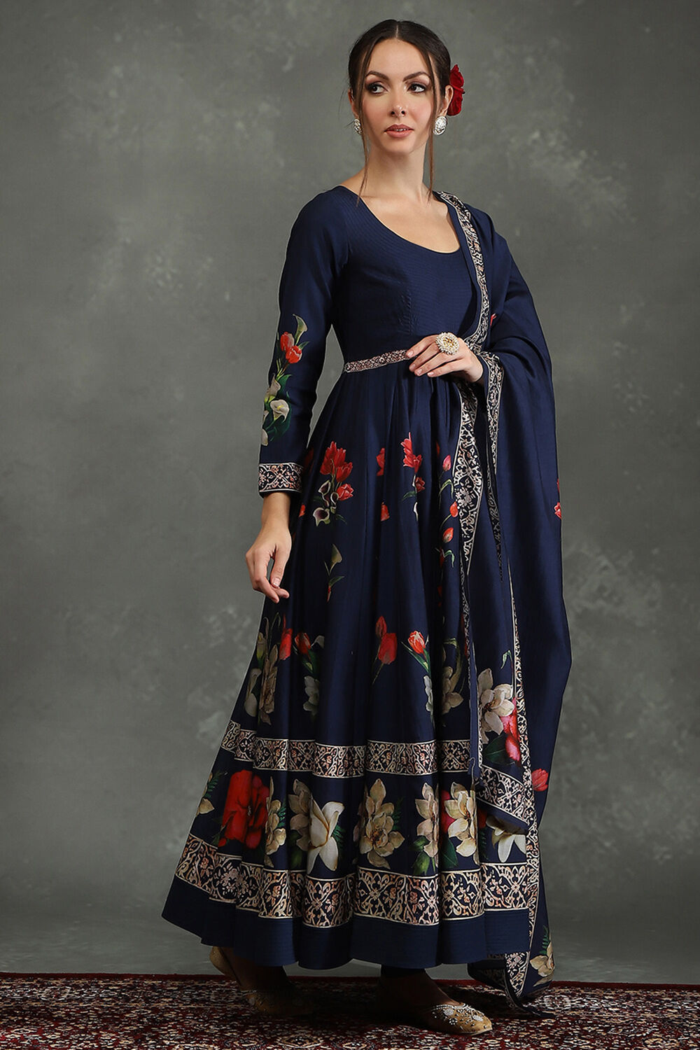 Maroon Silk Chanderi Floral Anarkali Suit Set image number 4