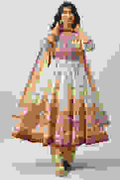 Beige Cotton Blend Anarkali Kurta Palazzo Suit Set image number 7