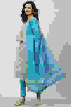 Blue Cotton Unstitched Suit Set image number 5