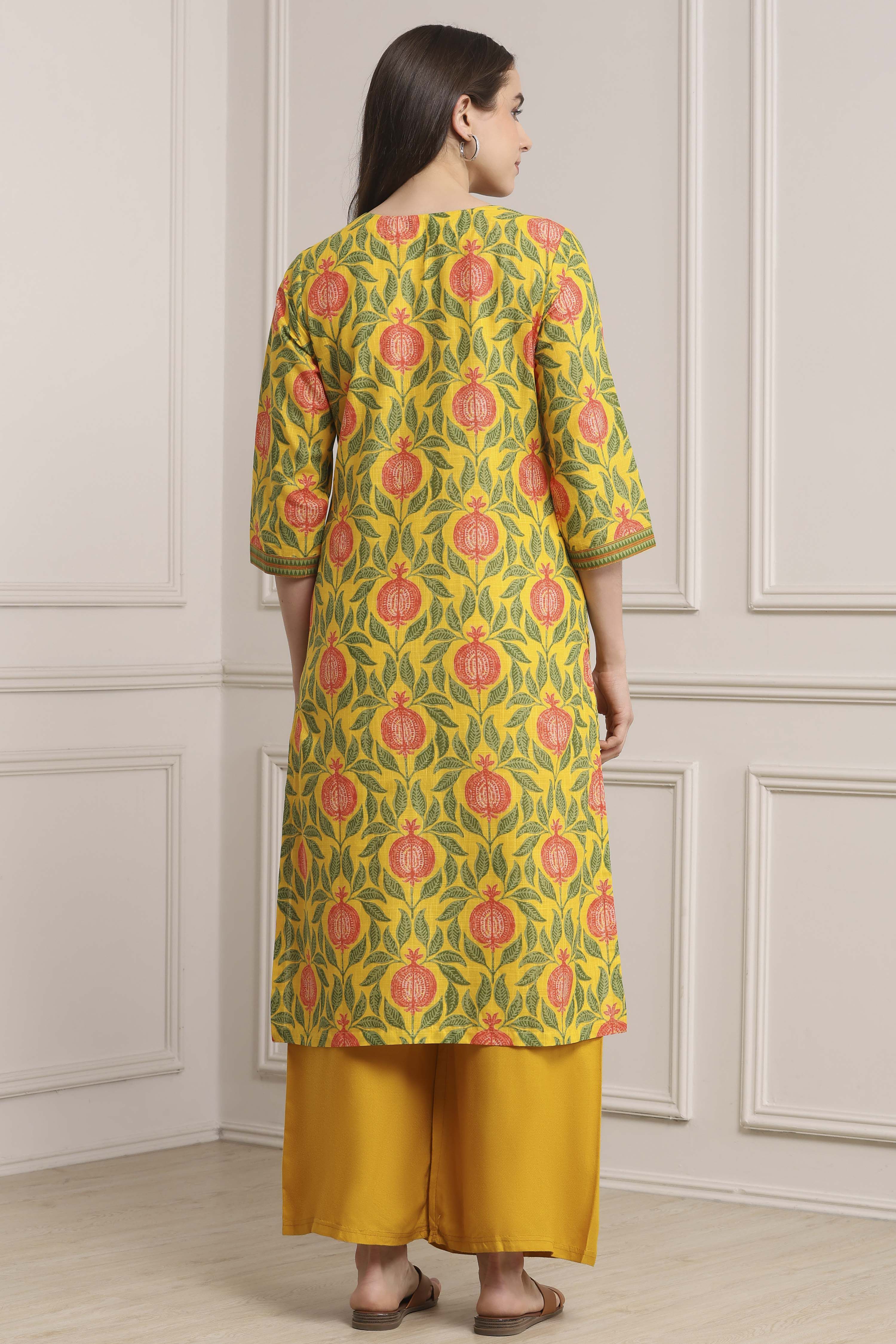 Yellow Cotton Printed Straight Kurta image number 3