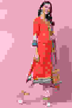 Red Rayon Straight Kurta Flared Palazzo Suit Set image number 6