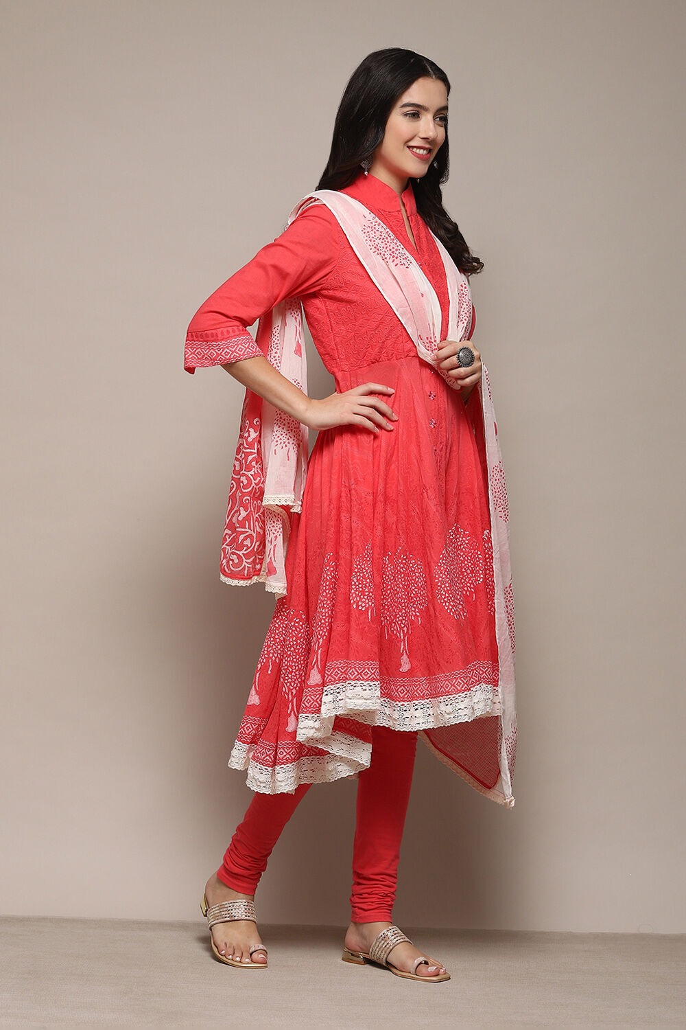 White Cotton Asymmetric Anarkali & Churidar Suit Set image number 6