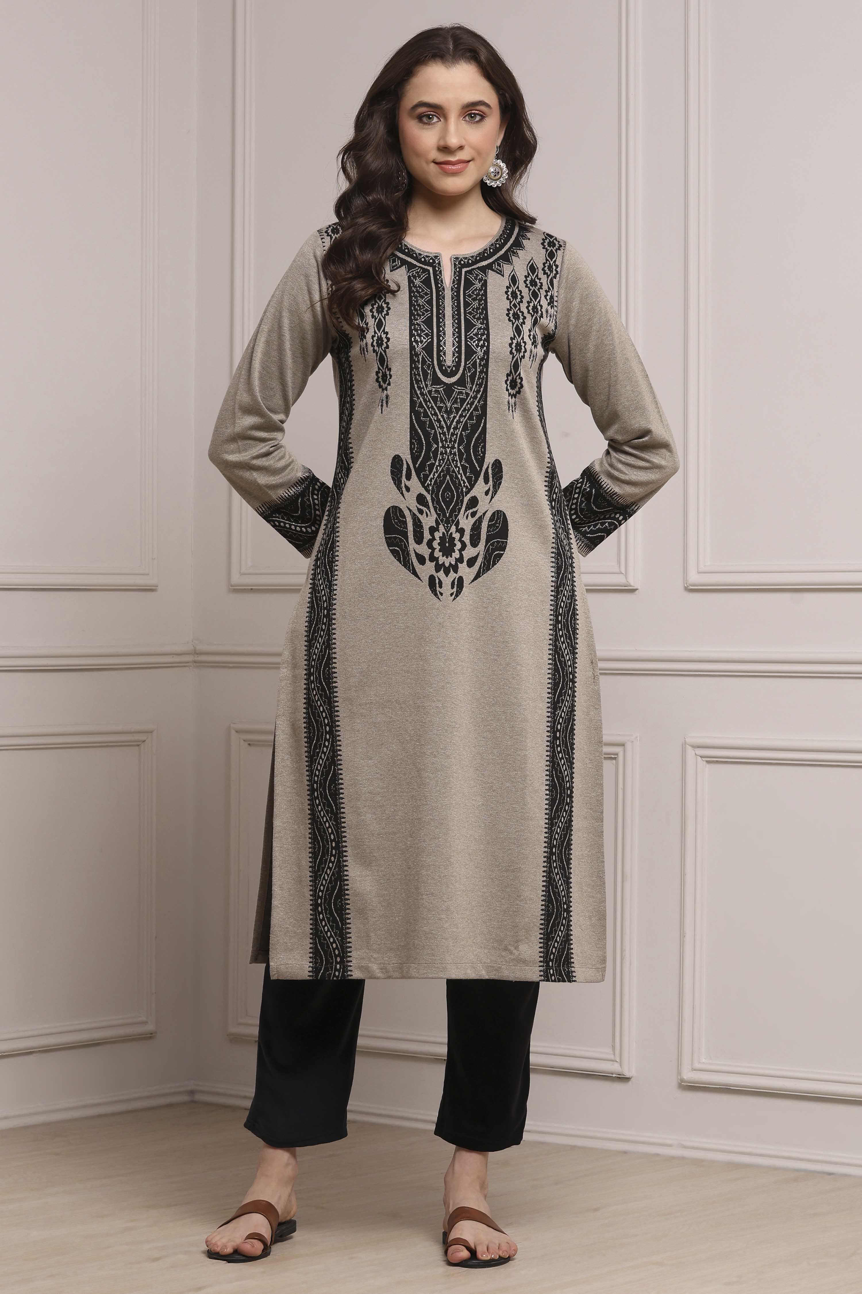Beige Polyester Straight Yarndyed Kurta image number 5