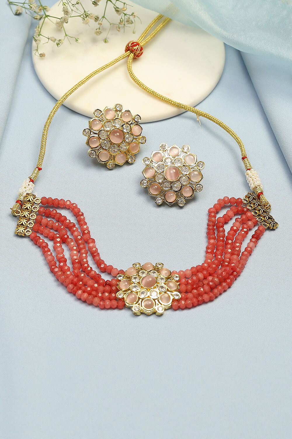 Peach Alloy Necklace Set image number 0