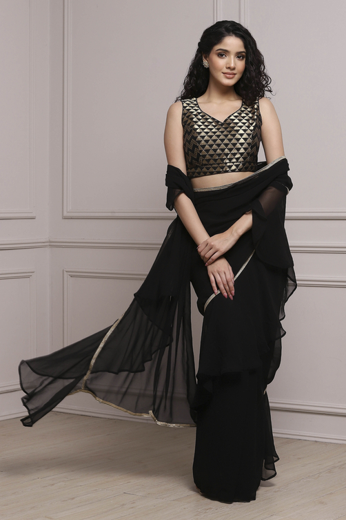 Black Art Silk Pre-draped Saree