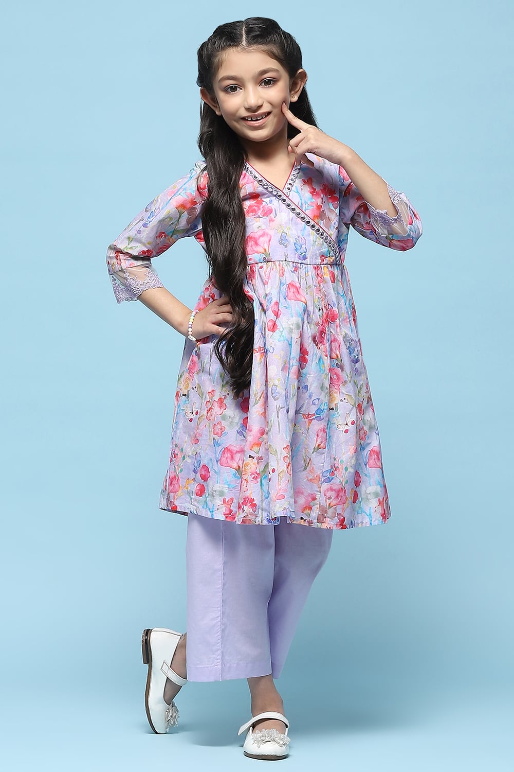Lavender Printed Cotton Gathered Kurta & Solid Palazzo  image number 0