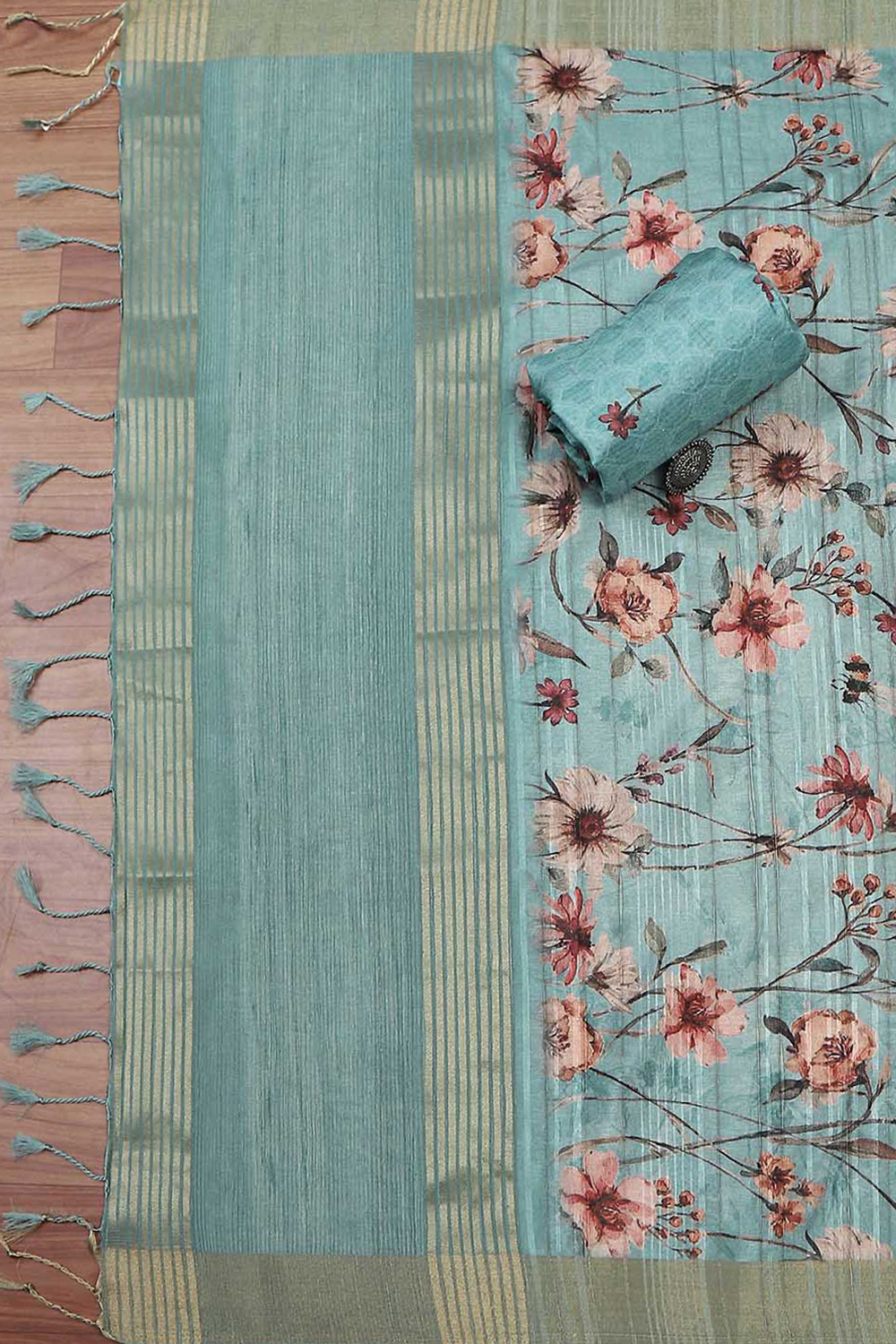Peach Silk Tussar Handloom Unstitched Suit Set image number 3
