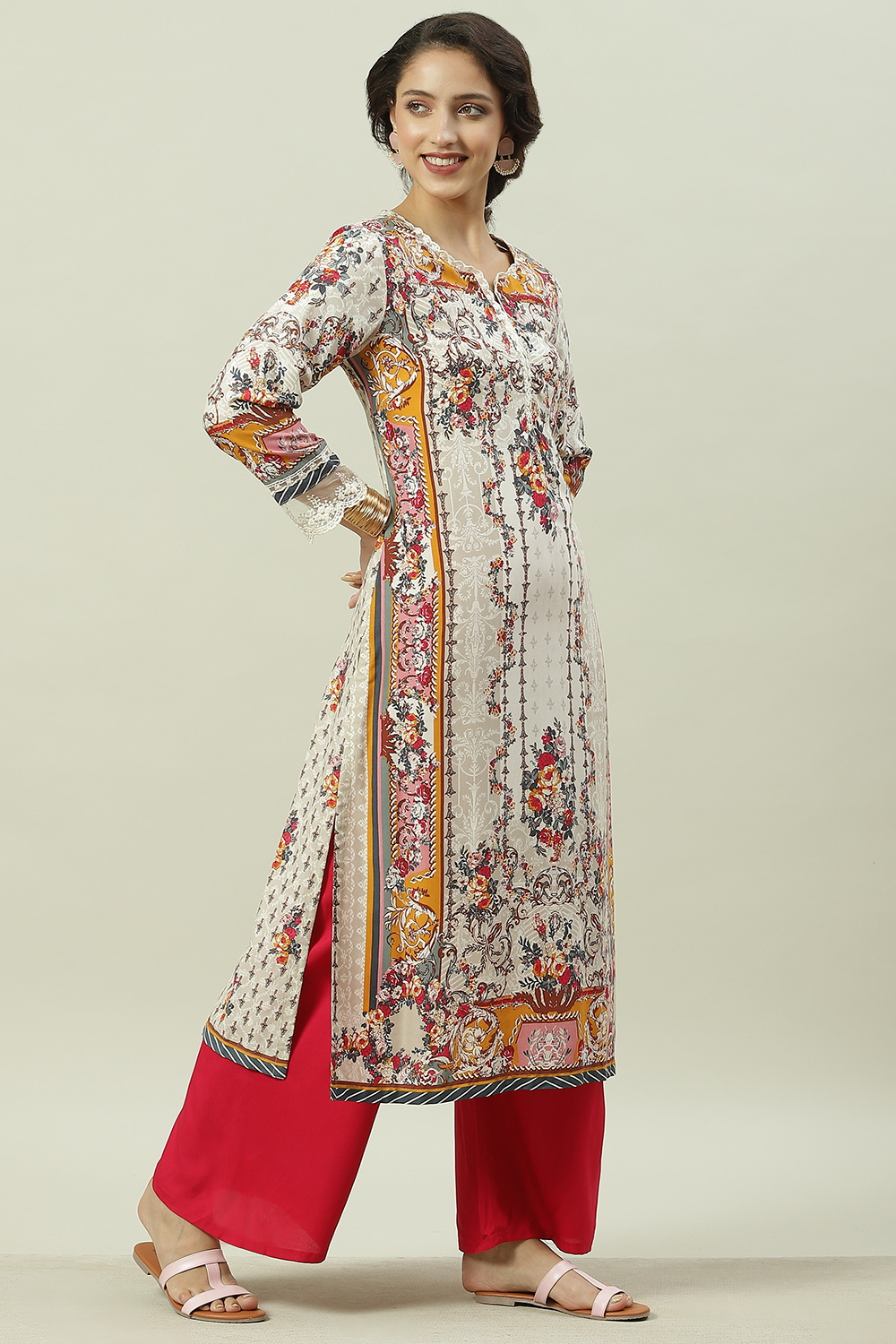 Ecru Rayon Straight Printed Kurta image number 2