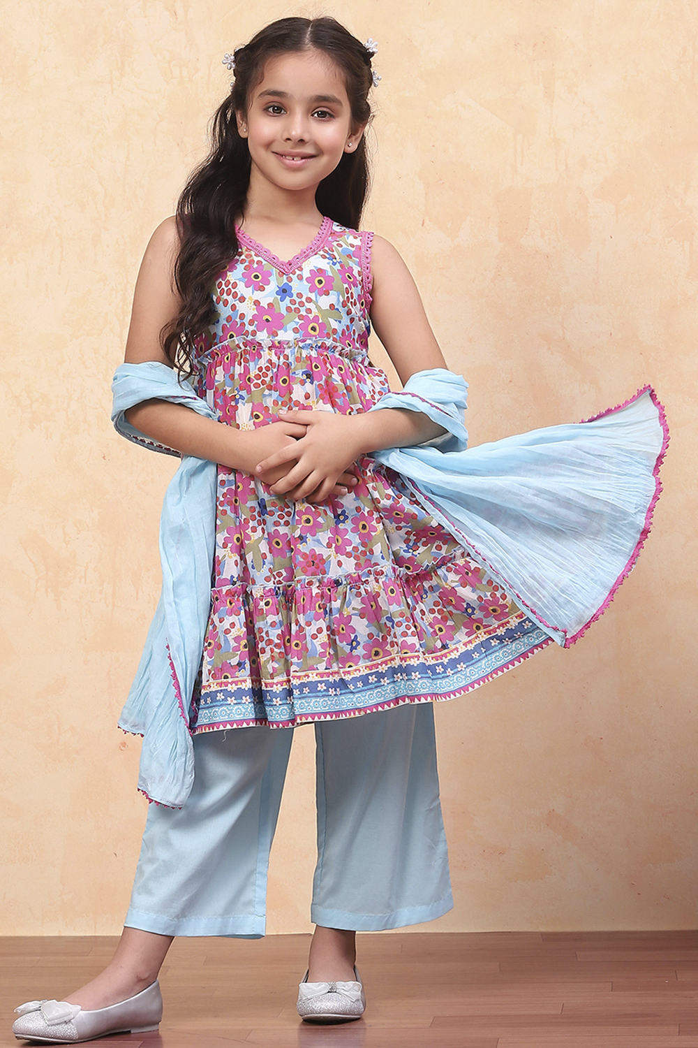 Coral Pure Cotton Floral Printed Tiered Suit Set image number 6