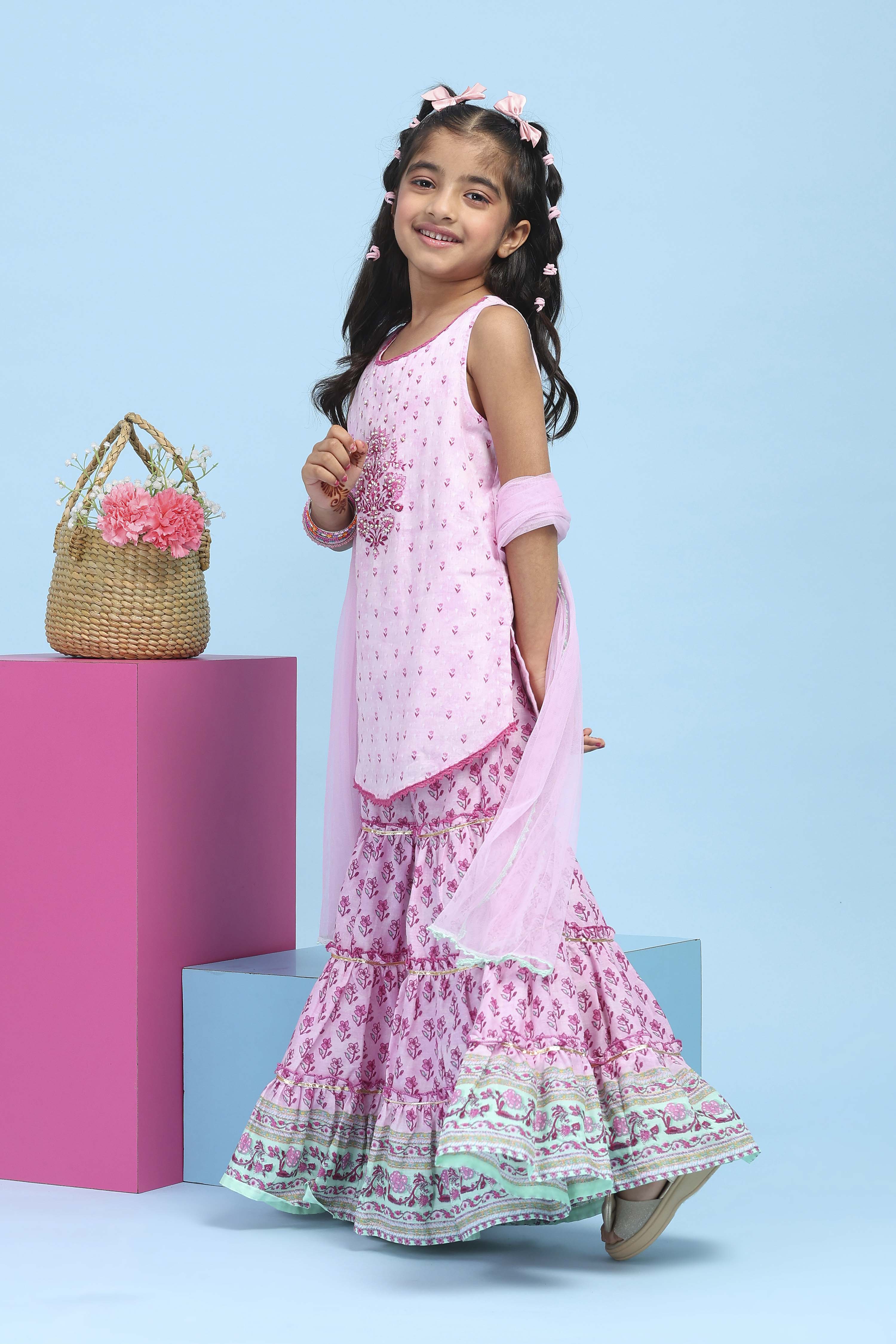 Pink Cotton Printed Straight Garara Suit Set image number 3