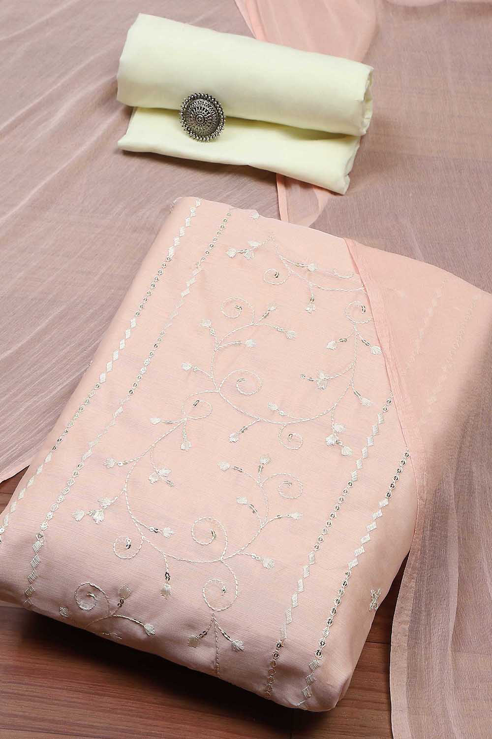 Peach Modal Satin Machine Embroidered Unstitched Suit Set image number 0