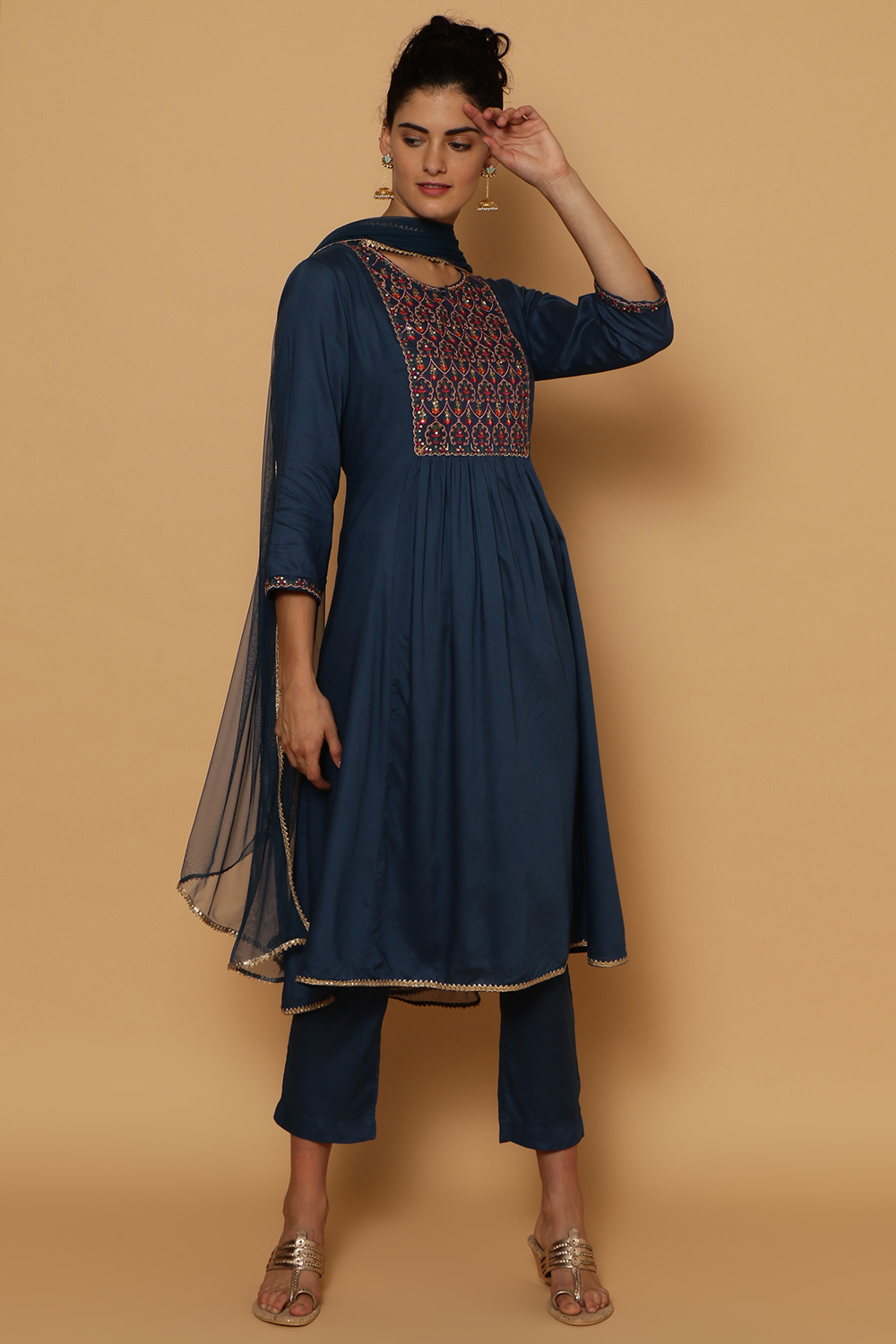 Blue Rayon Kalidar Kurta Slim Pant Suit Set image number 1