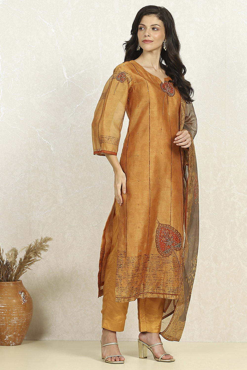 Rust Chanderi Unstitched Suit Set image number 6