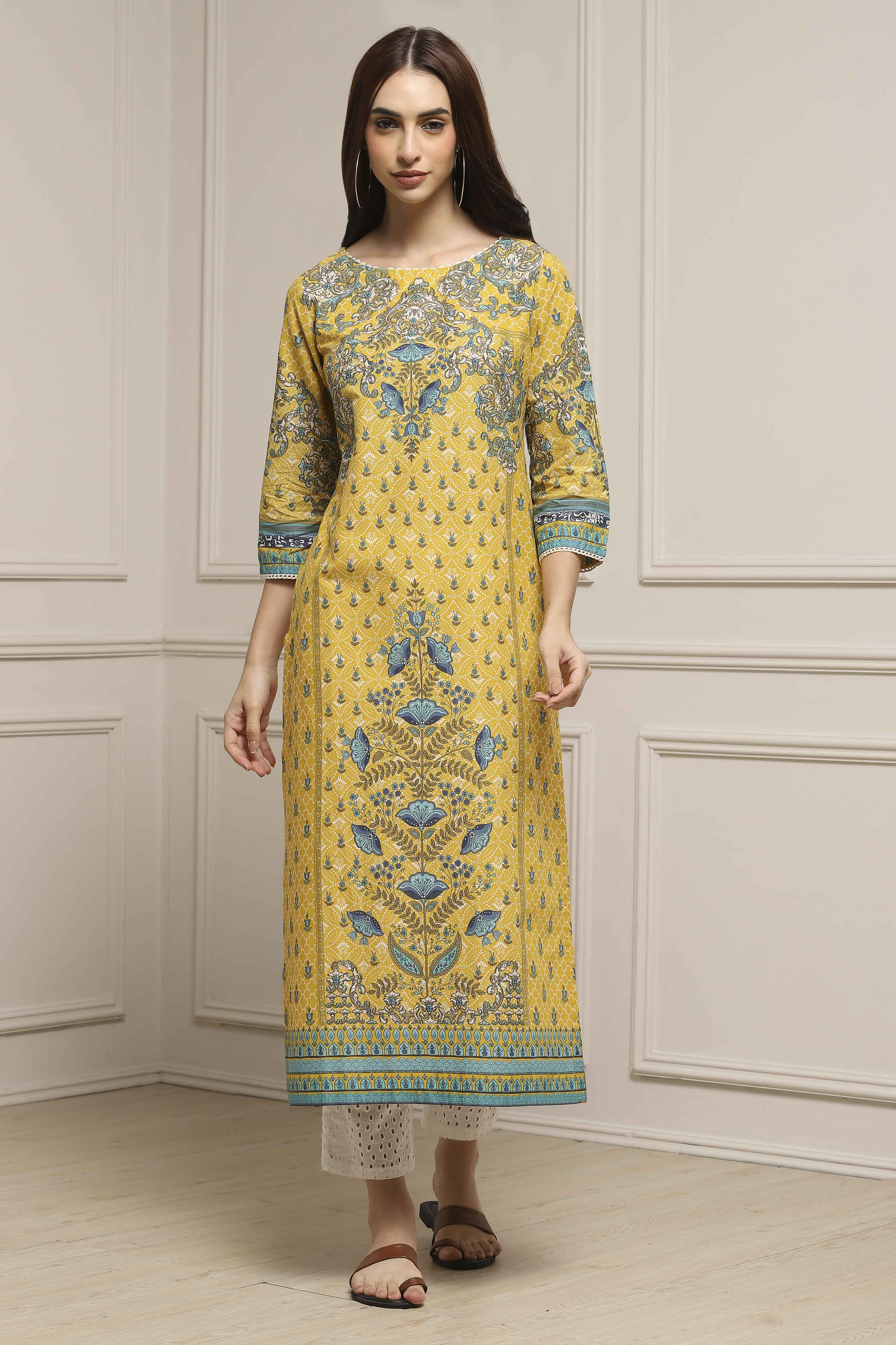 Yellow Cotton Printed Straight Kurta image number 5