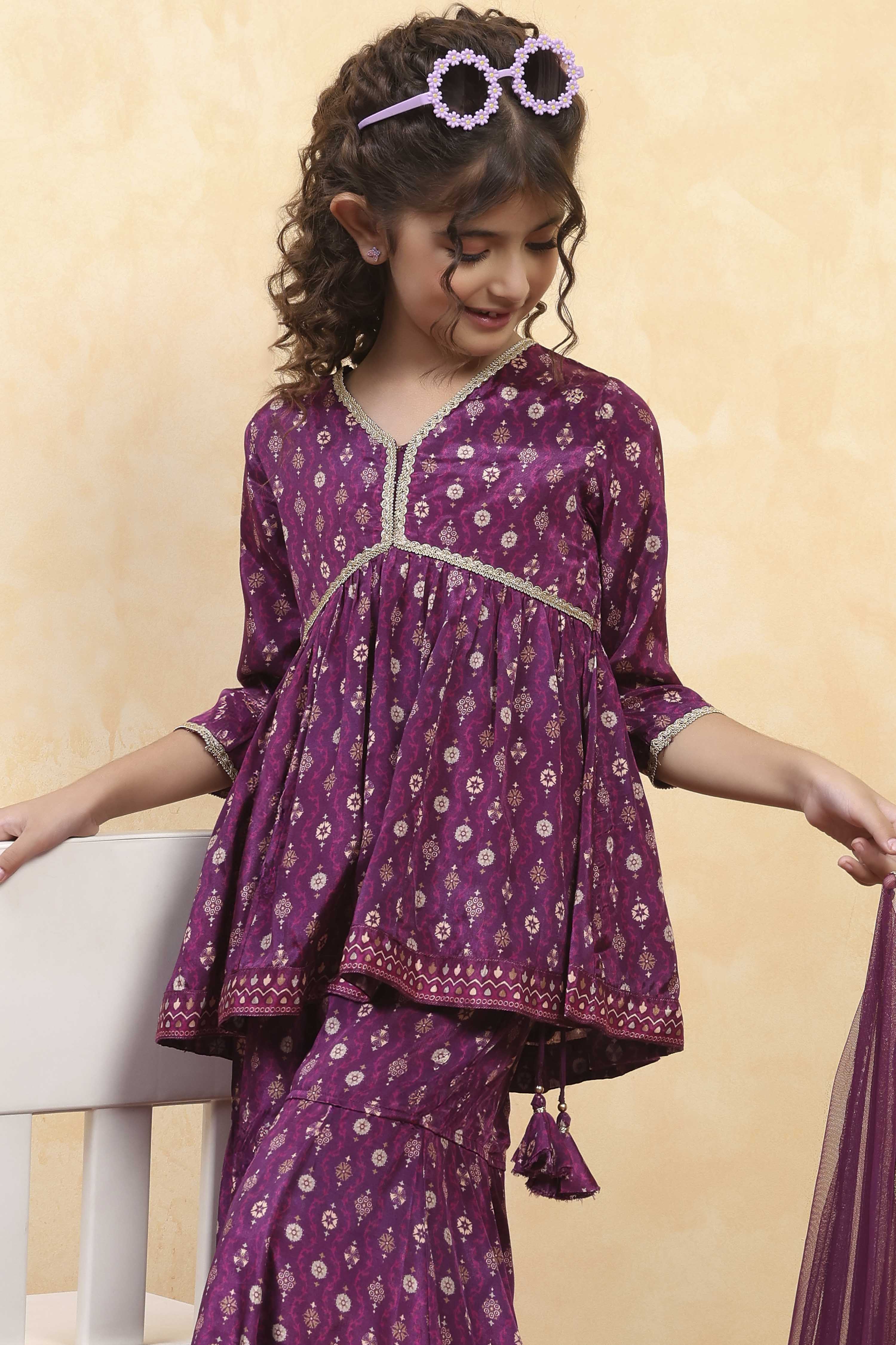 Purple Viscose Rayon Printed Peplum Suit Set image number 8