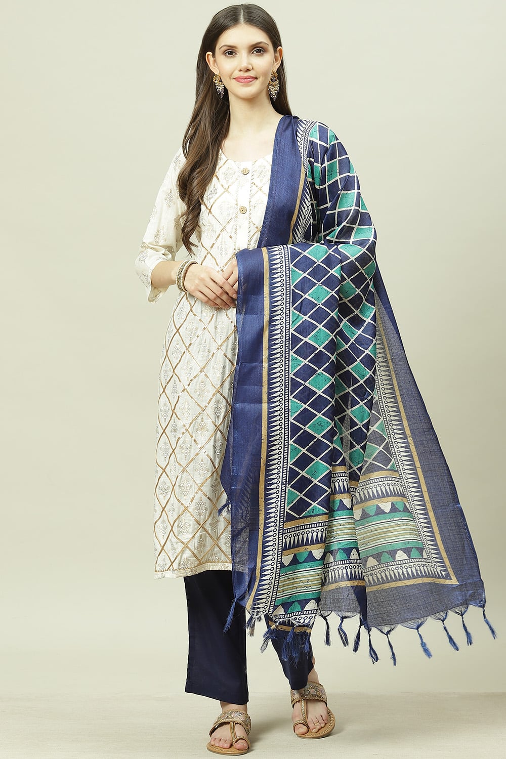 Blue Cotton Machine Embroidered Unstitched Suit Set image number 7