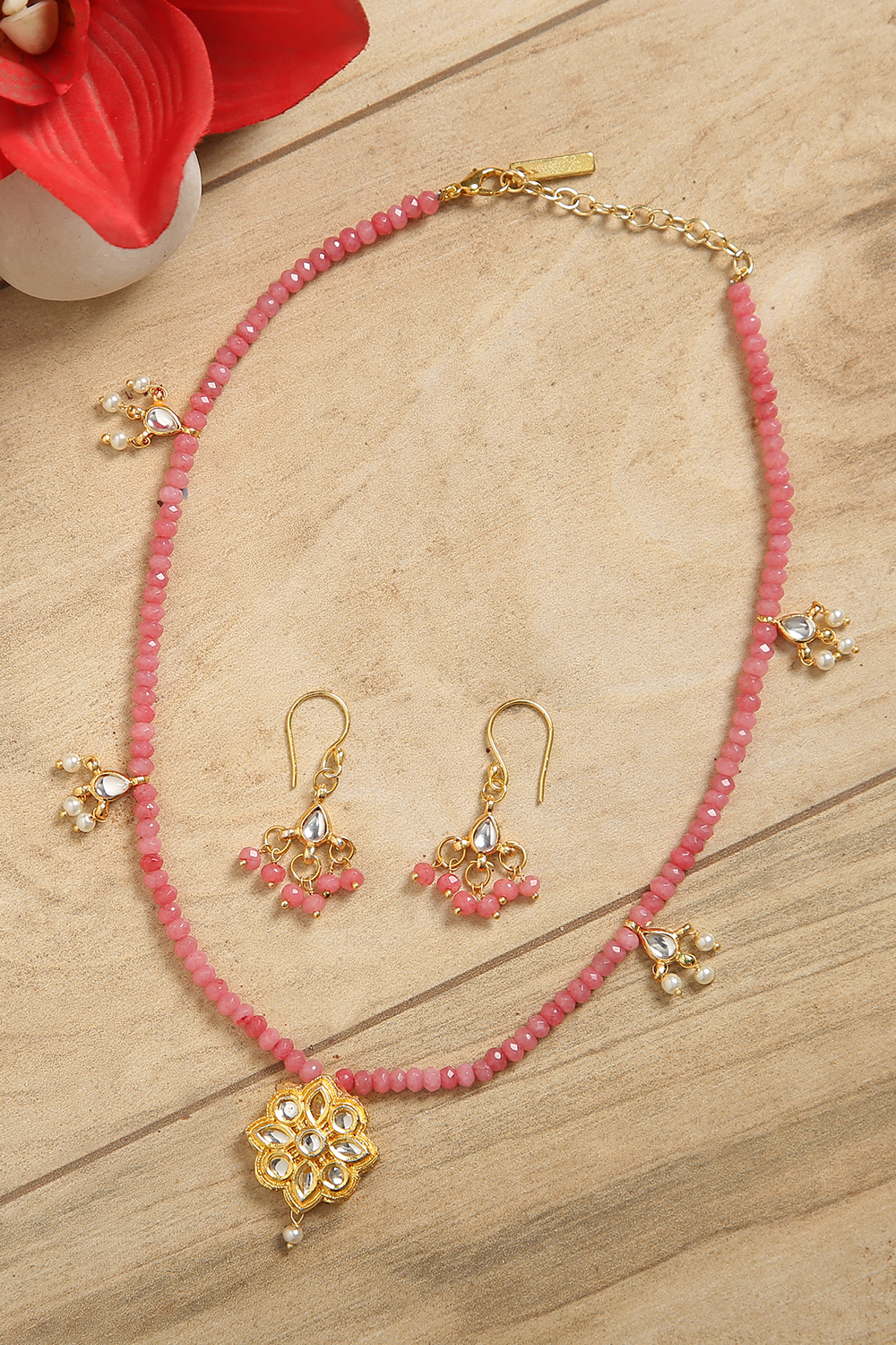 Peach Beads Kundan Girls Necklace Set image number 0