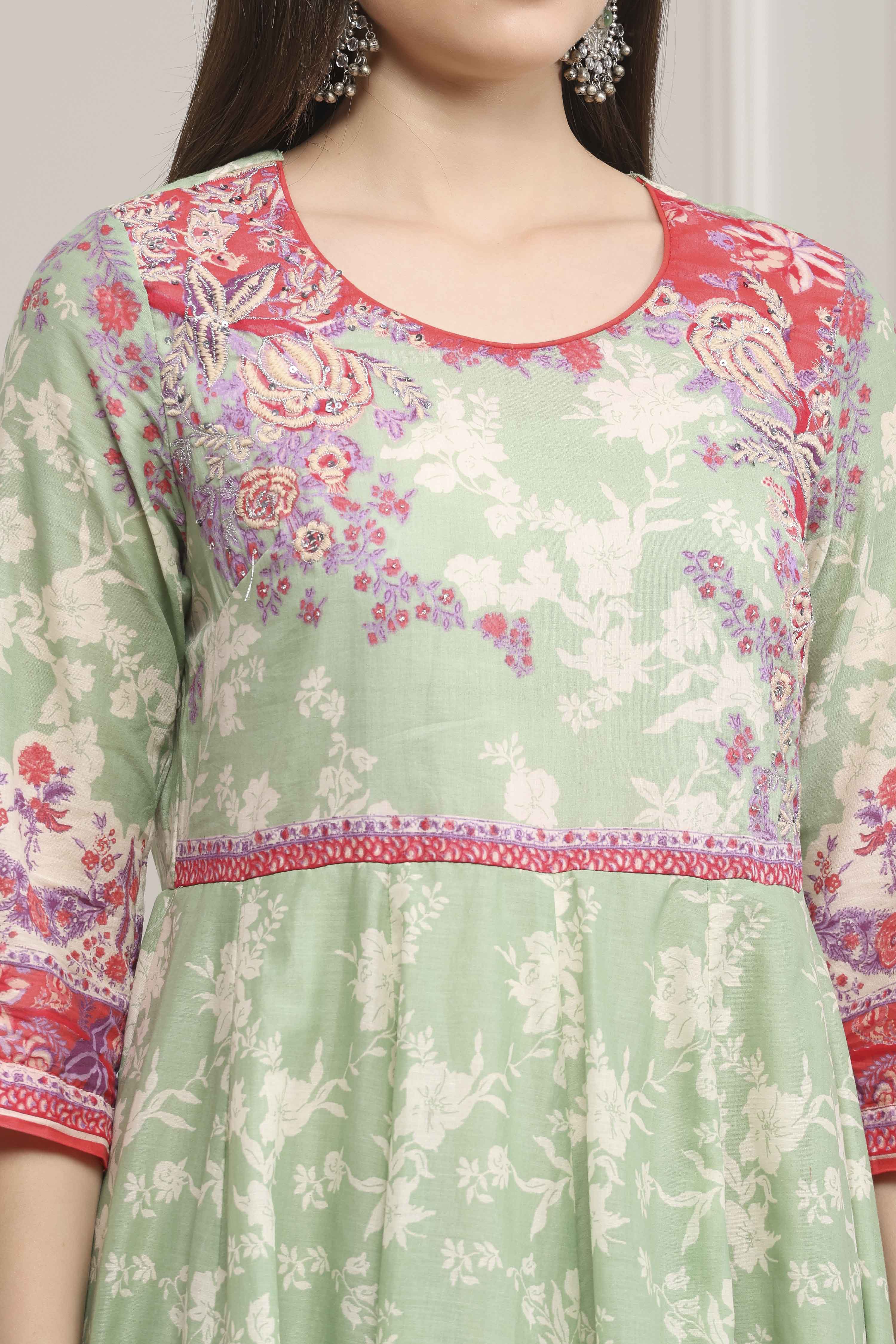 Grey Cotton Printed Anarkali Suit Set image number 1