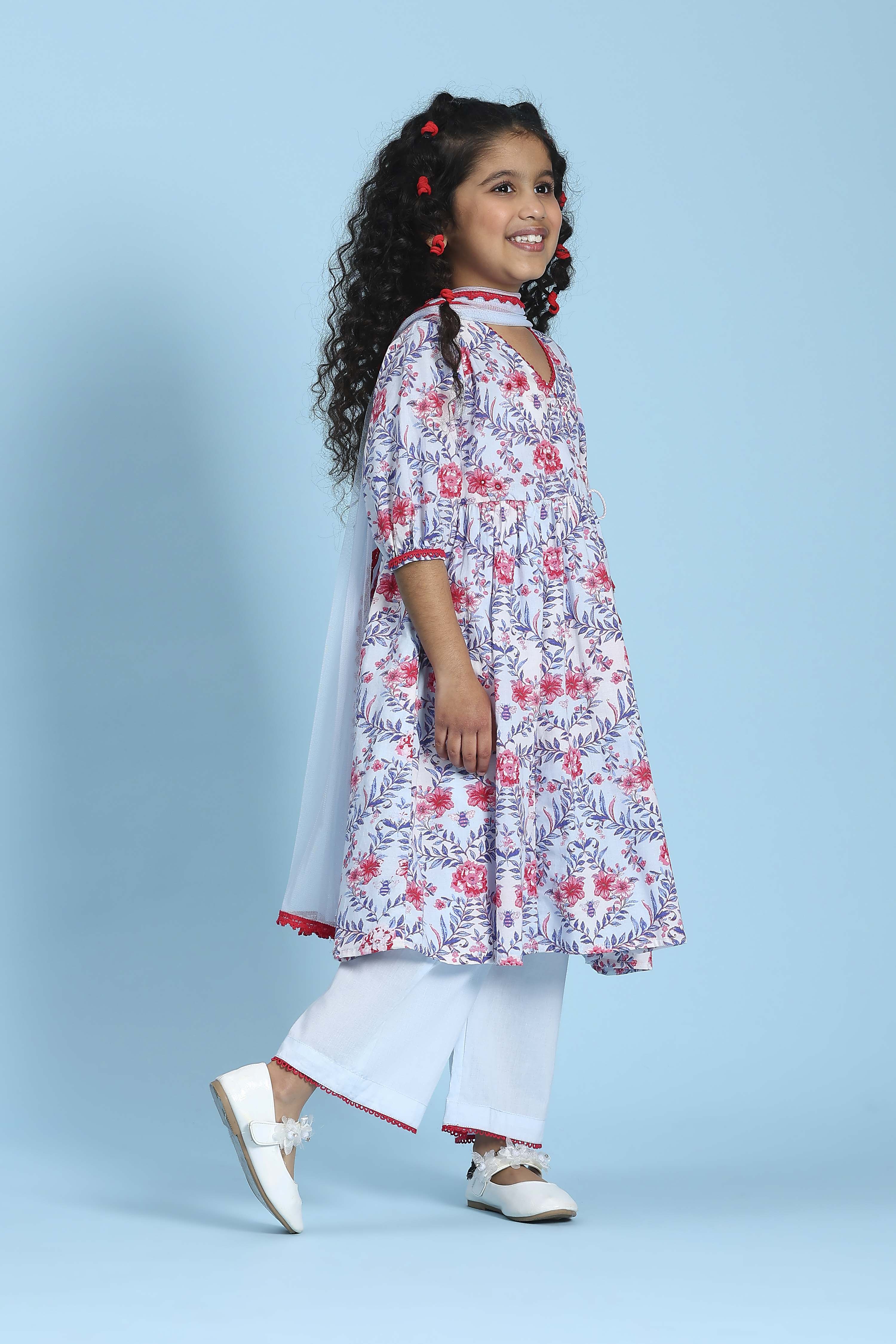 Blue Cotton Printed Angrakha Anarkali Suit Set image number 5