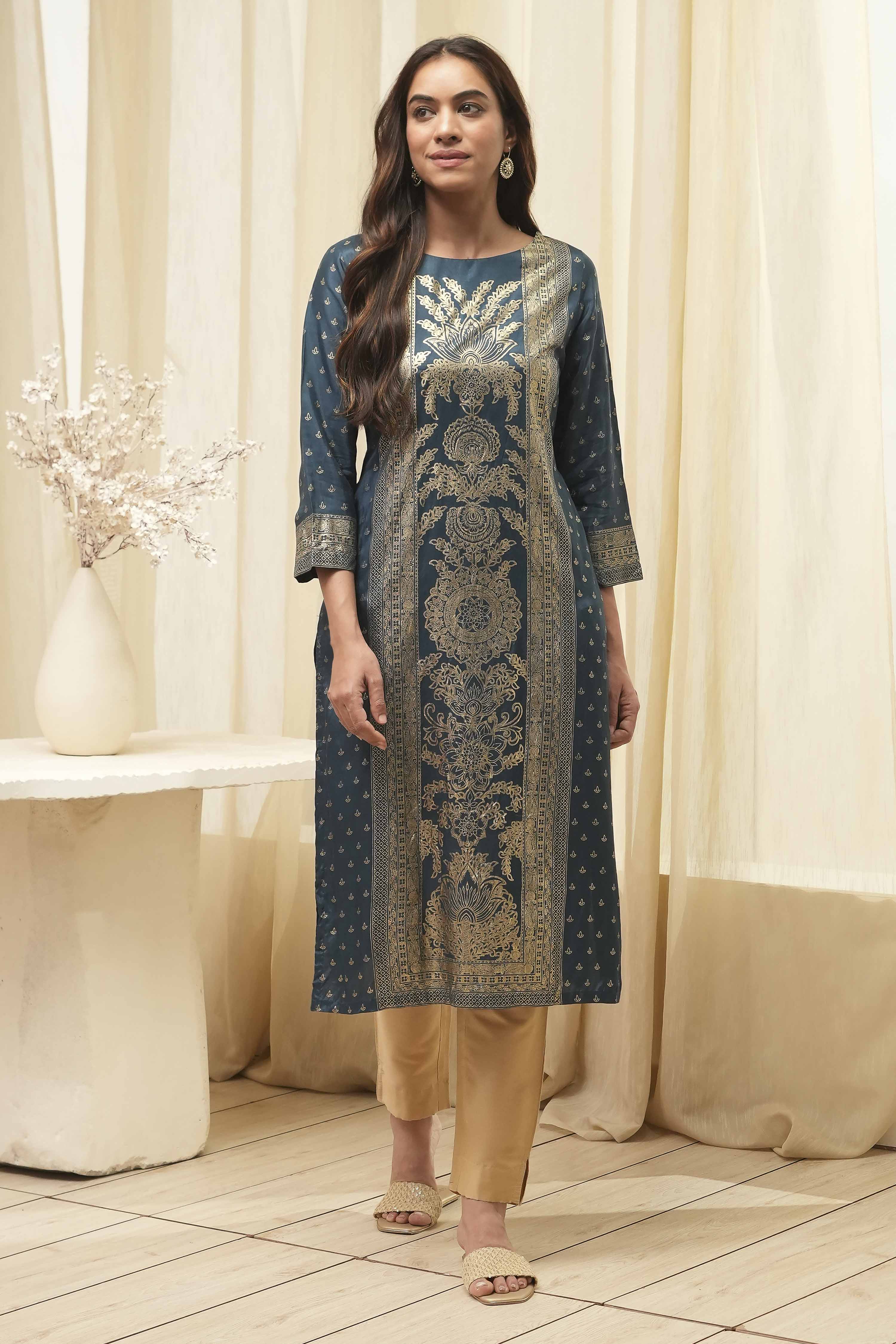 Indigo Rayon A-Line Printed Kurta image number 5