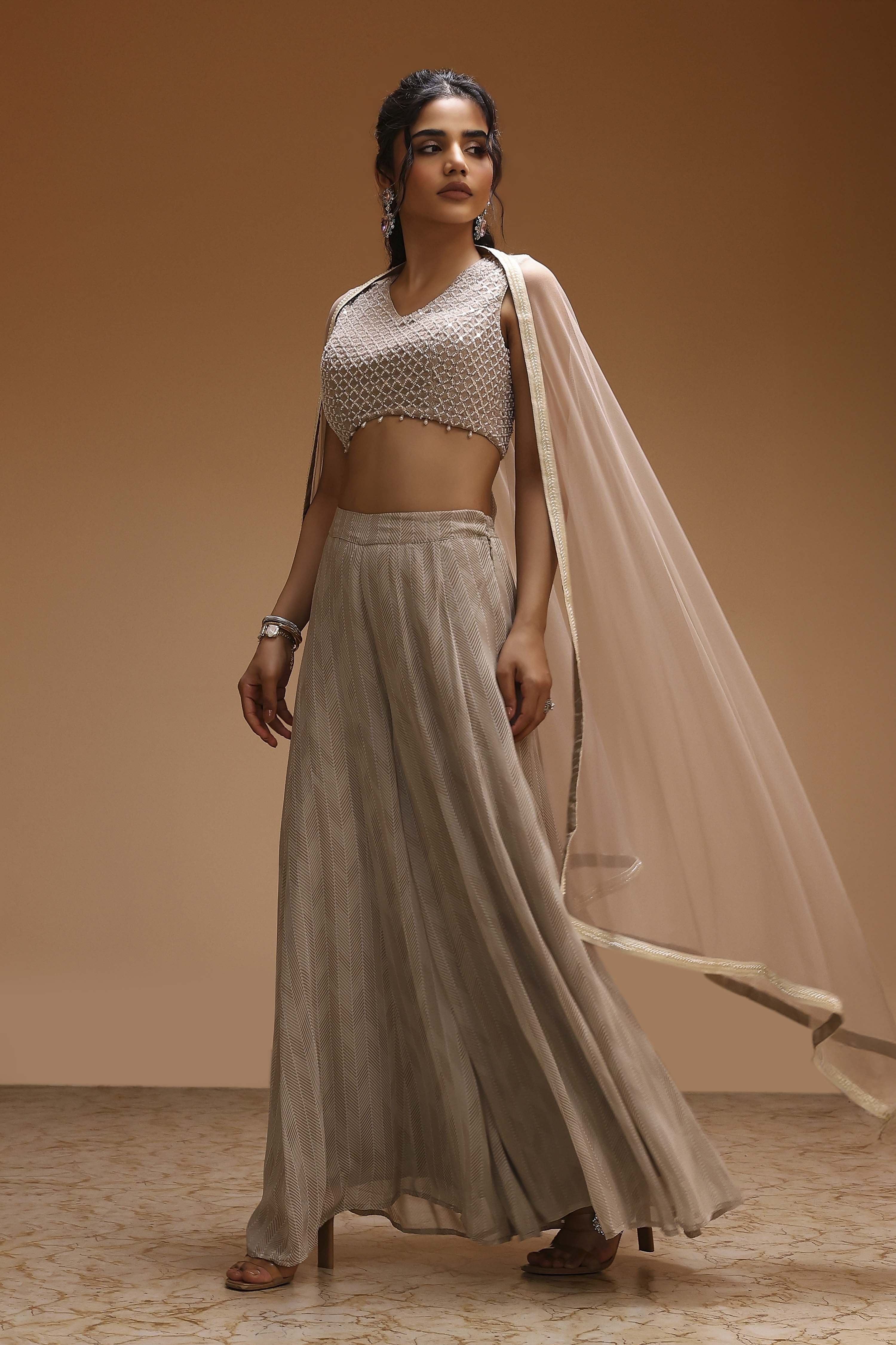 Beige Viscose Georgette Fusion Sharara Set image number 3