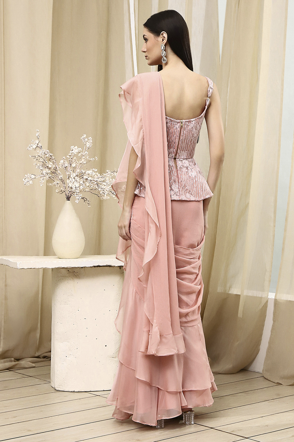 Ice Blue Peplum Pre-Draped Saree image number 4