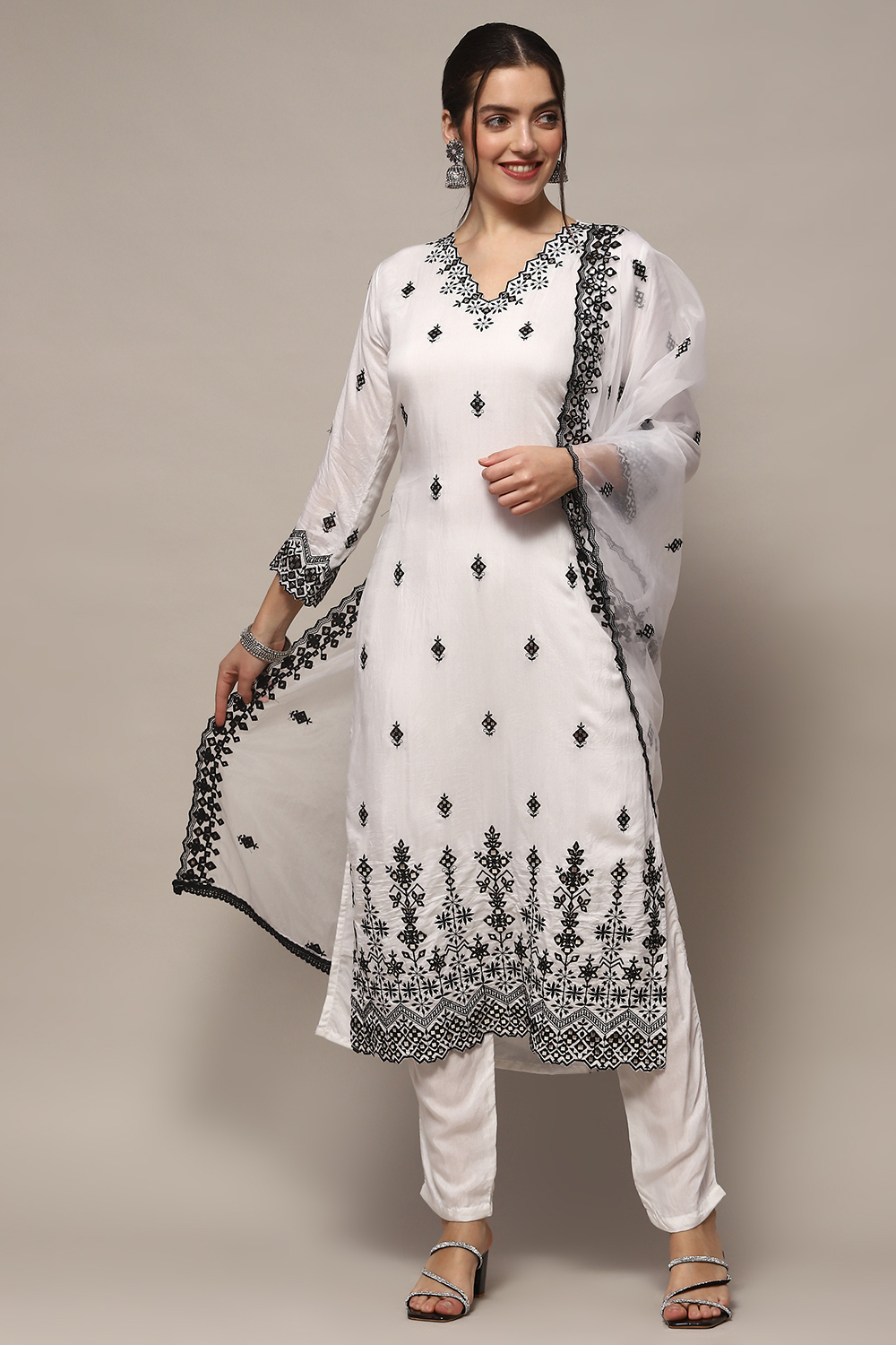 Off White Muslin Unstitched Suit set image number 1