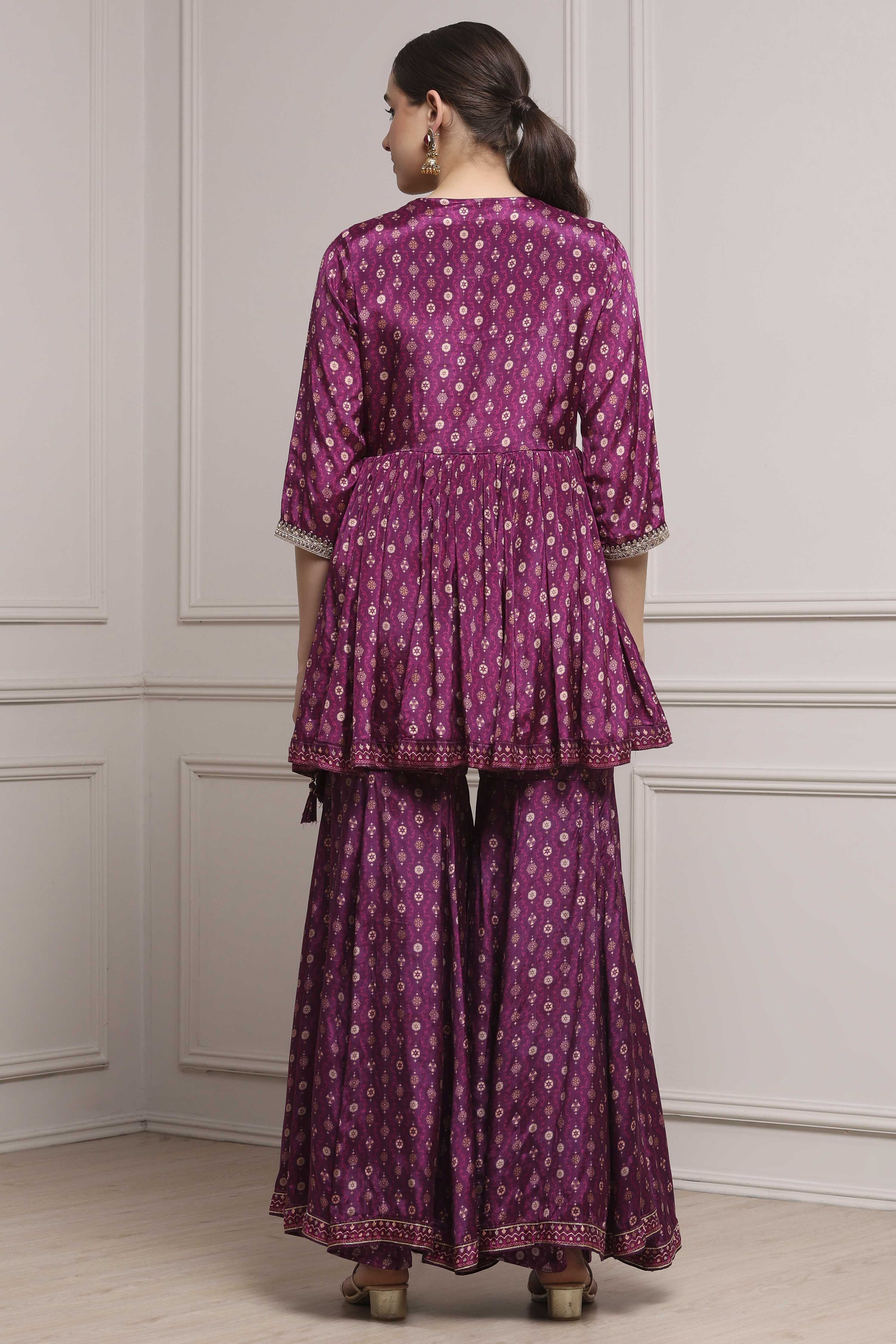 Purple Viscose Shantoon Printed Peplum Garara Suit Set image number 4