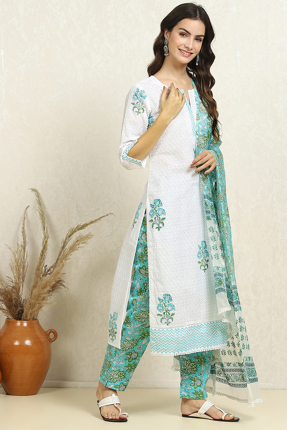 White and Pink Cotton Floral Hand Block Unstitched Suit Set image number 6