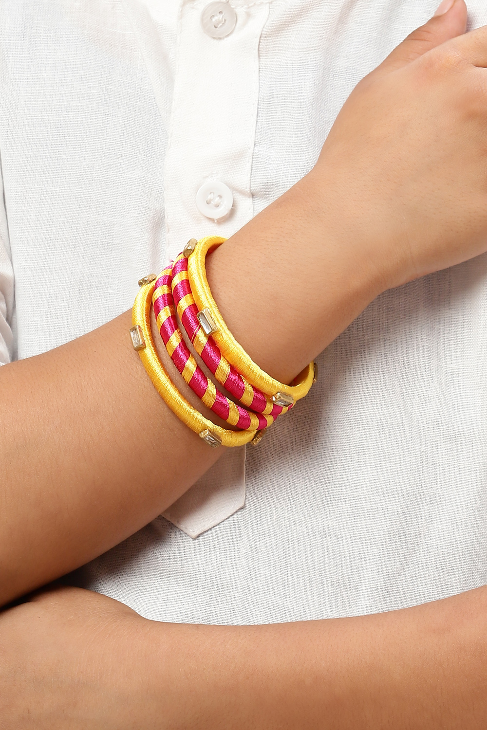 Dark Pink Mustard Yellow Plastic Thread Kids Bangles image number 3