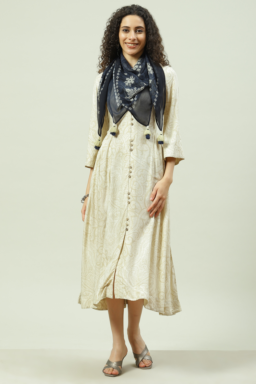 Ecru LIVA A-Line Fusion Printed Dress image number 3