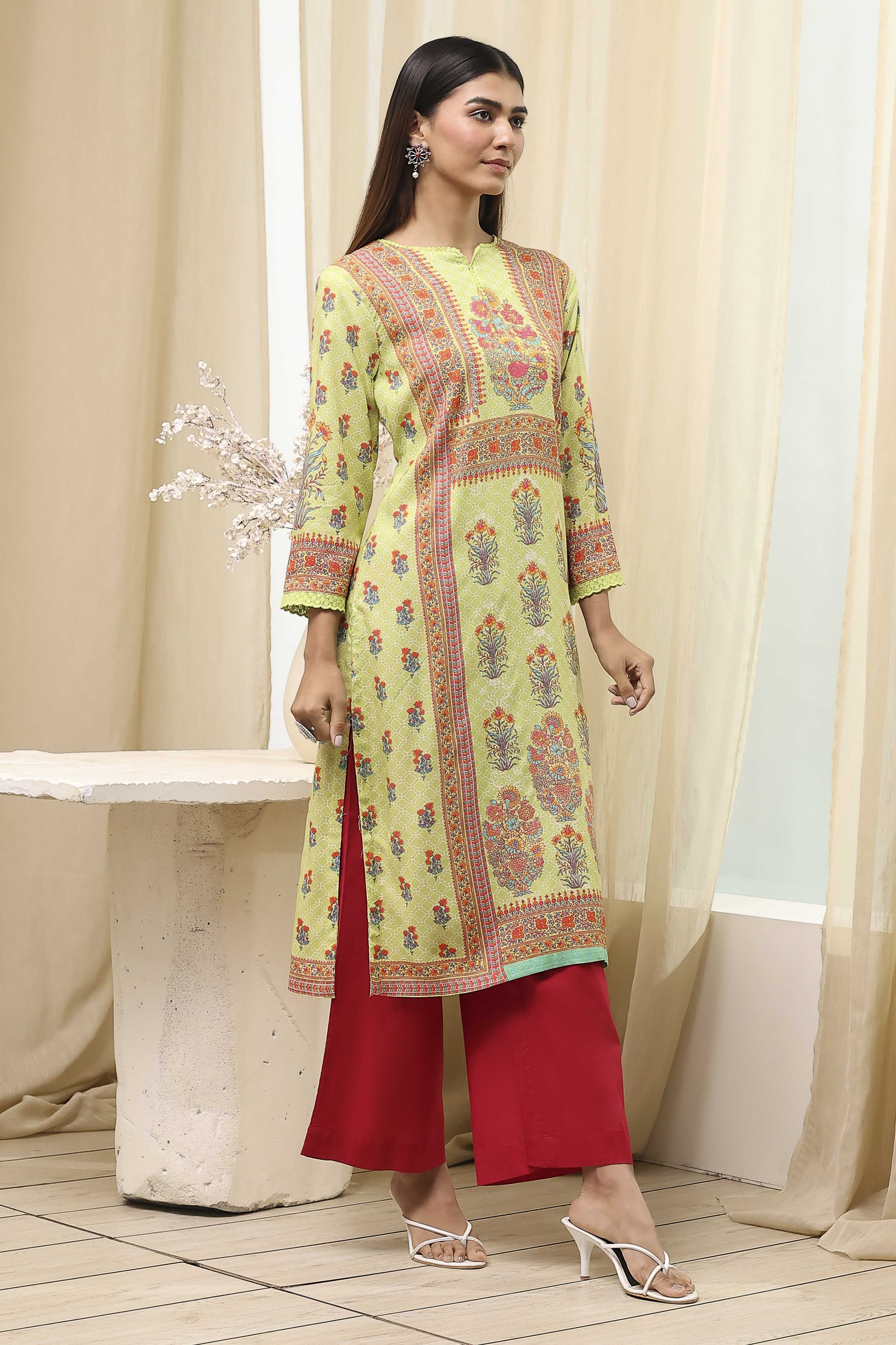 Green Printed Straight Kurta image number 4