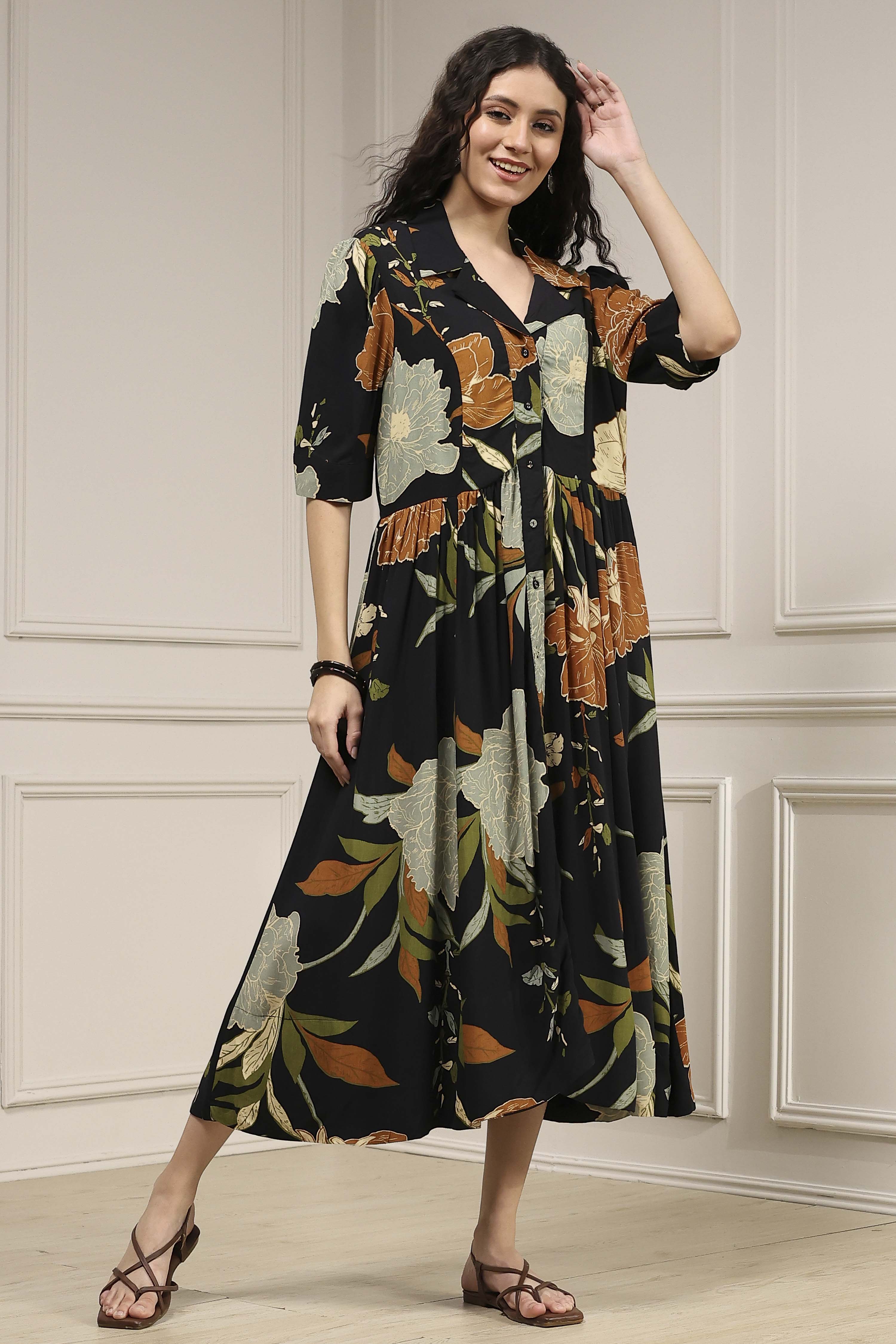Black Viscose Rayon Straight Printed Dress image number 4