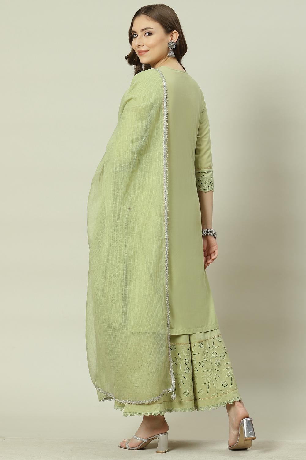 Soft Green Straight Kurta Palazzo Suit Set image number 4