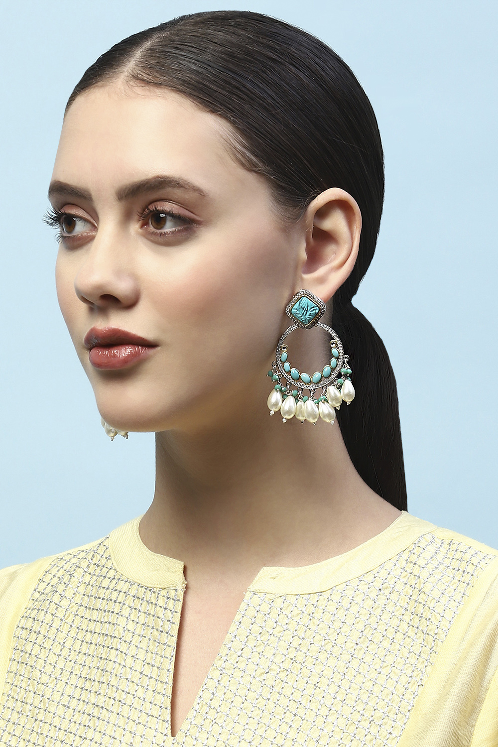 Turquoise Silver-Plated Pearl Chandbalis image number 1