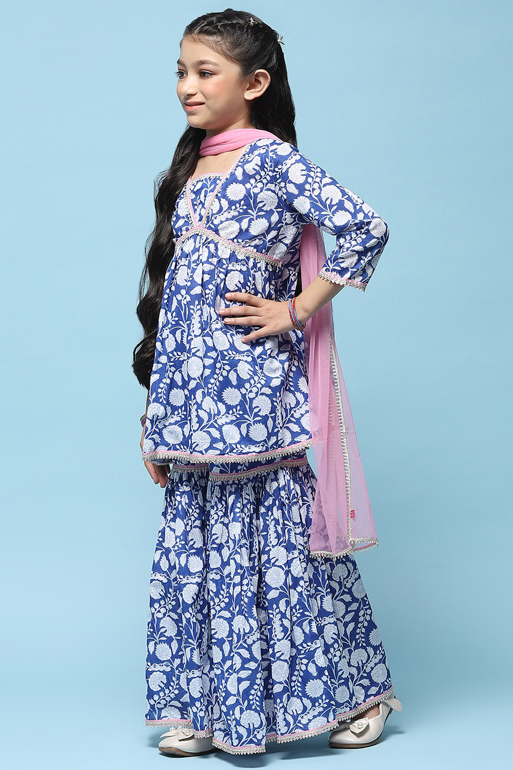 Blue Printed Cotton Peplum Kurta & Garara With Net Dupatta image number 4