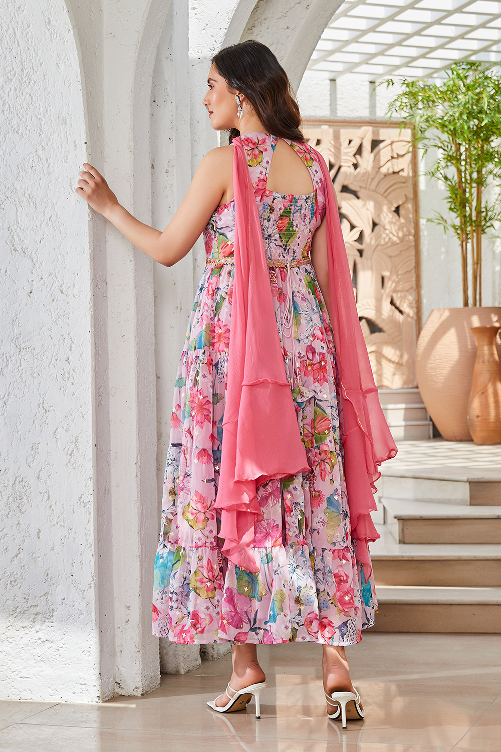 Pink Floral Printed Tiered Anarkali Kurta image number 3