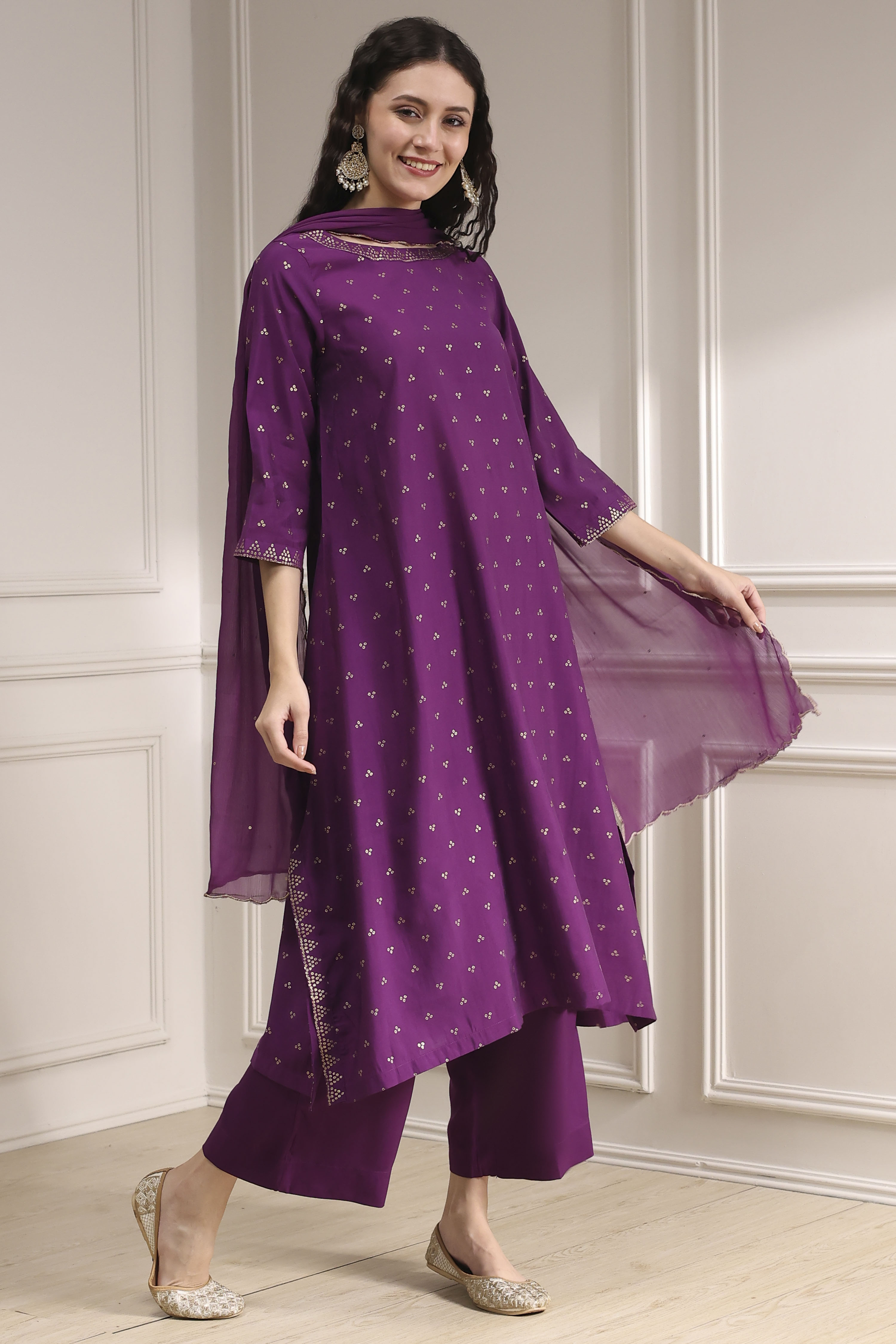 Purple Polyseter Blend Straight Printed Fusion Set image number 5