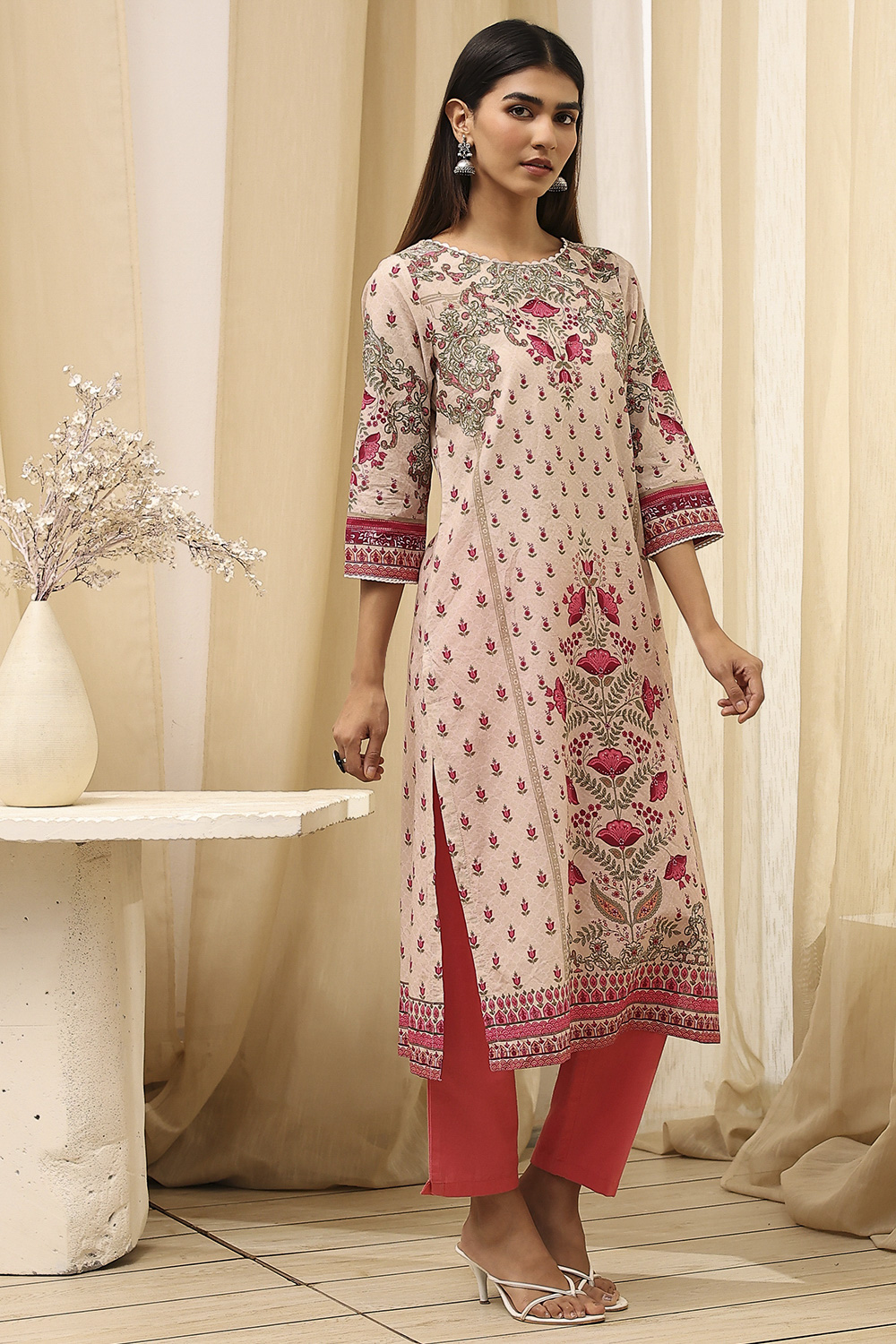 Yellow Cotton Printed Straight Kurta image number 3