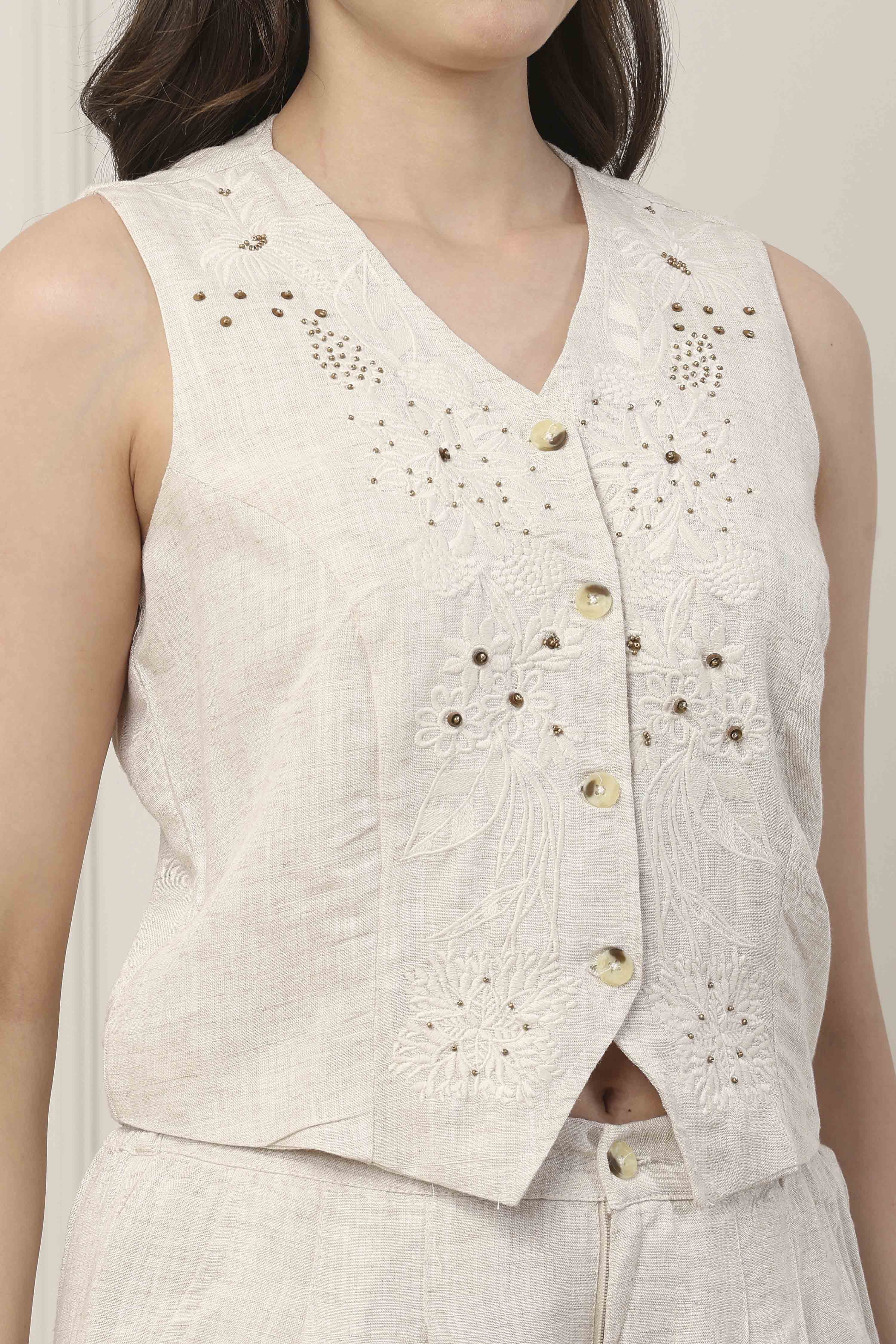 Beige Viscose Floral Embroidered Fusion Set image number 1