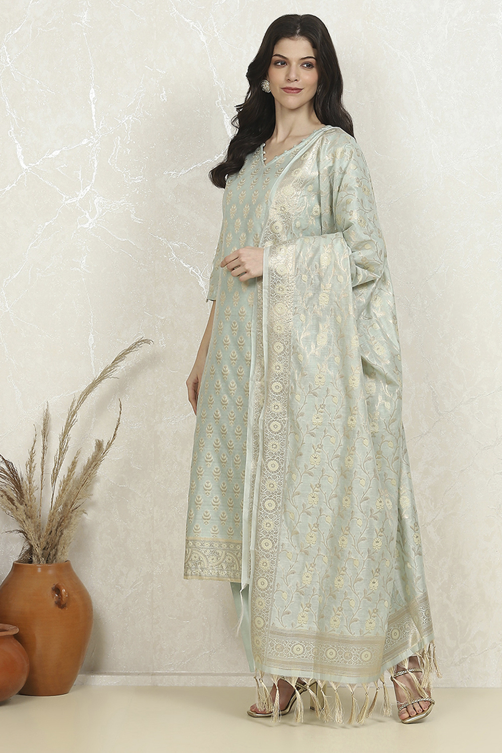 Peach Cotton Printed Embroidered Unstitched Suit Set image number 4
