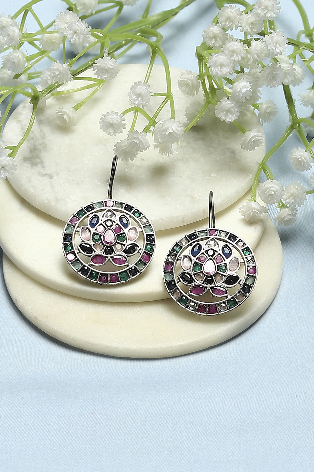 Multi-coloured Oxidised Navratan Circular Danglers image number 0