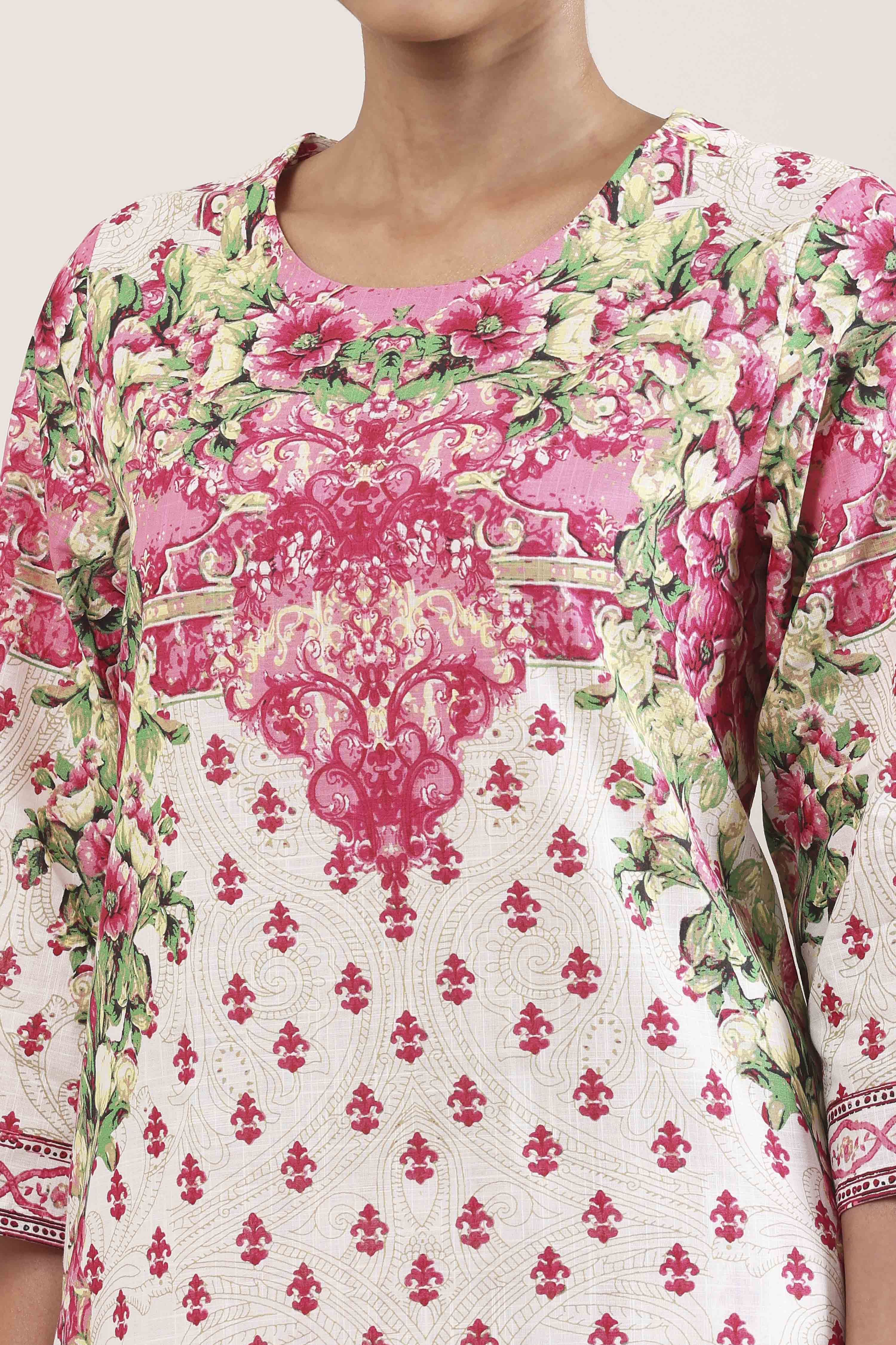 Pink and White Cotton Printed Straight Kurta Set image number 1