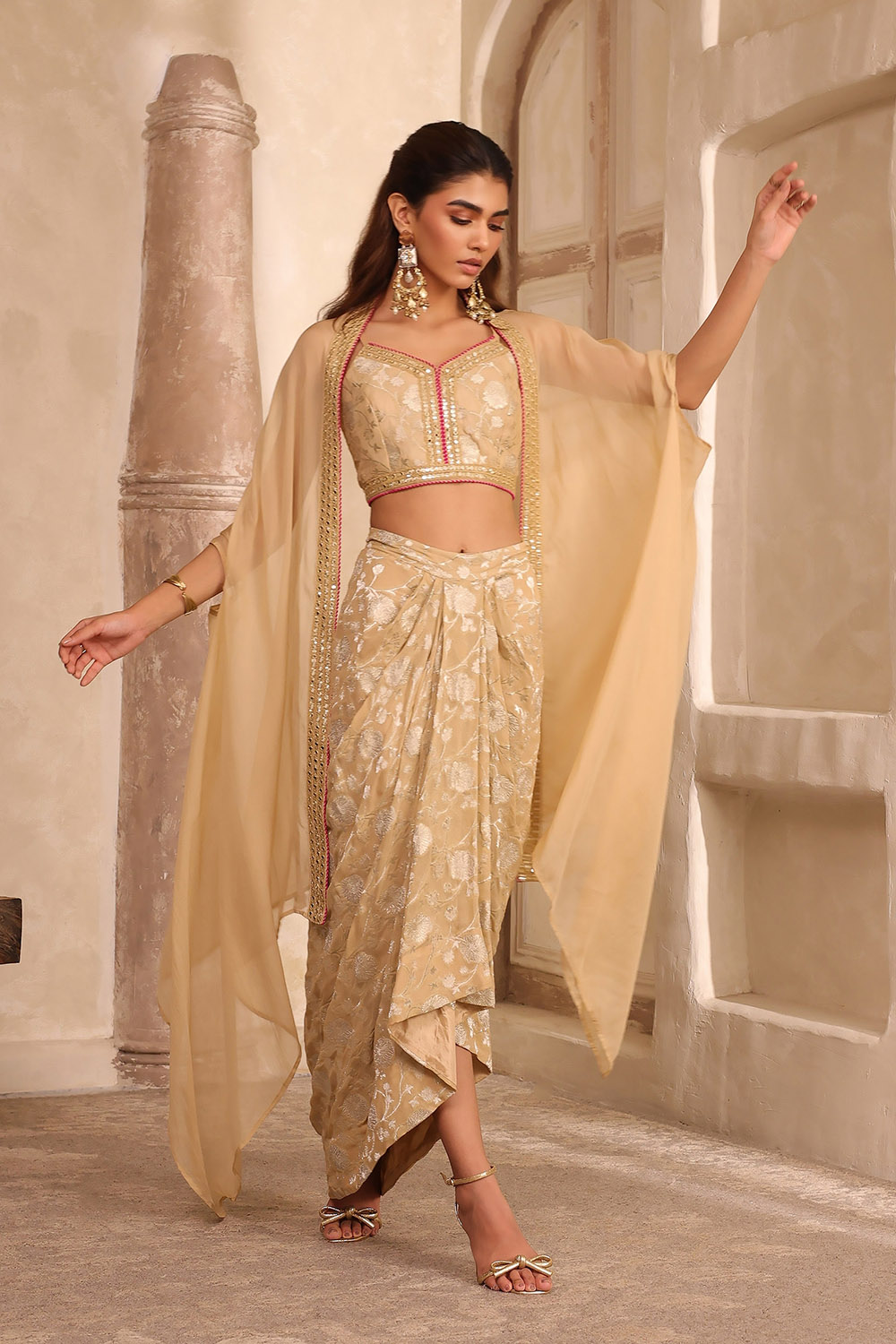 Beige Pure Georgette Jacquard Fusion Skirt Set image number 4