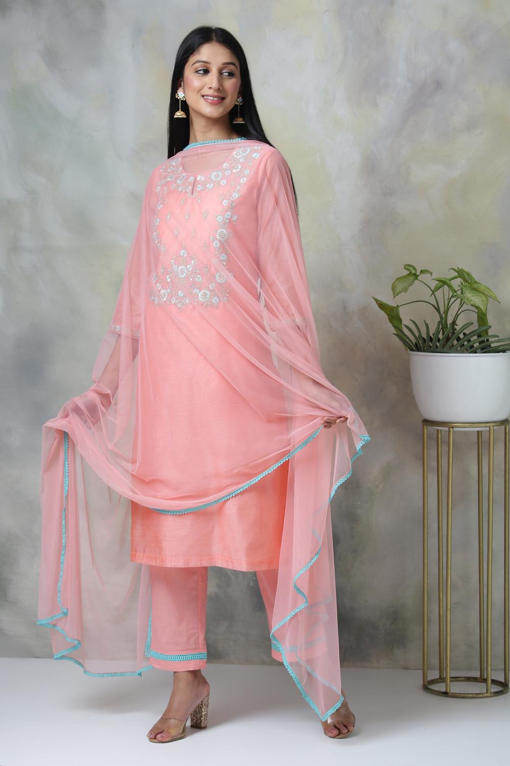 Peach Cotton Blend A-Line Kurta Pants Suit Set image number 1
