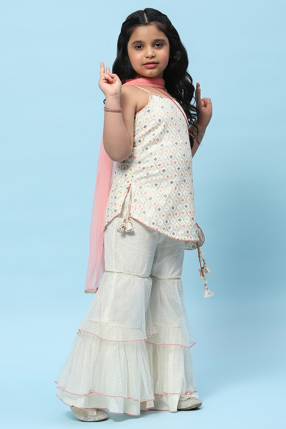 Cream Cotton Floral Embroidered Strappy Suit Set image number 6